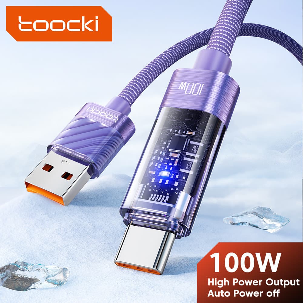 Cabo de carregamento rápido para celular Toocki 100W, transparente, com desligamento automático quando totalmente carreg