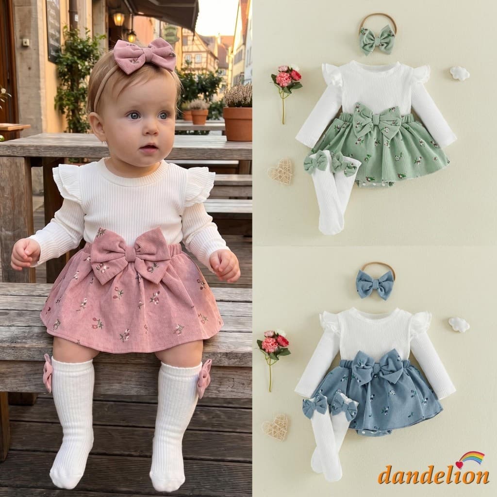 Macacão Vestido Canelado Manga Longa Floral com Laço para Bebê Menina com Faixa de Cabeça e Meias Roupa de Outono