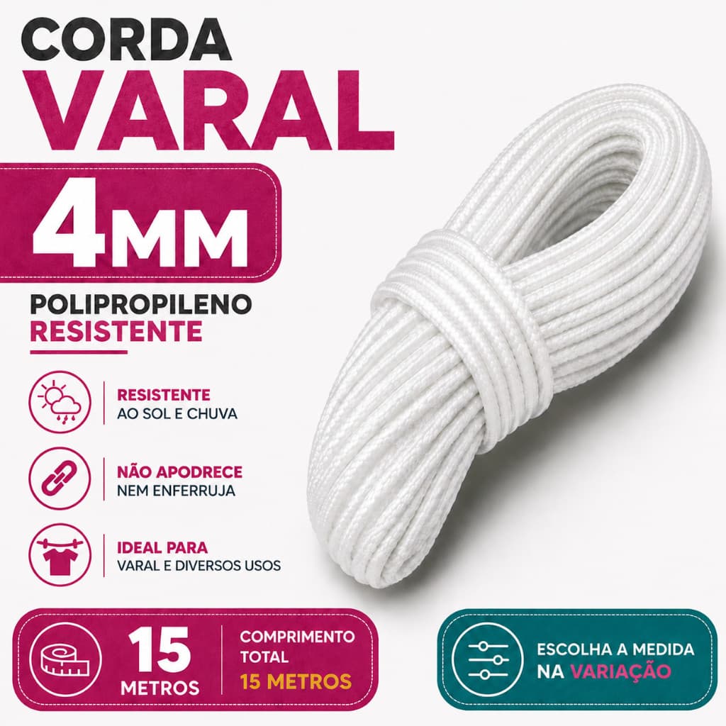 Corda Multiuso 4mm em Polipropileno Alta Resistência para Área Externa 15 Metros