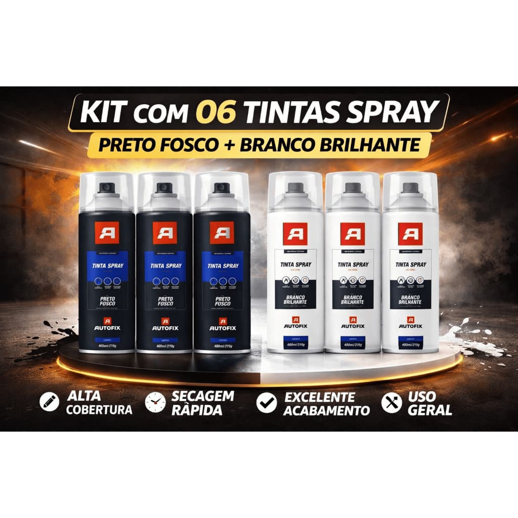 Kit 06 Tinta Spray Uso Geral 400ml 03 Branco Brilhante + 03 Preto Fosco Metal Madeira Autofix Ok