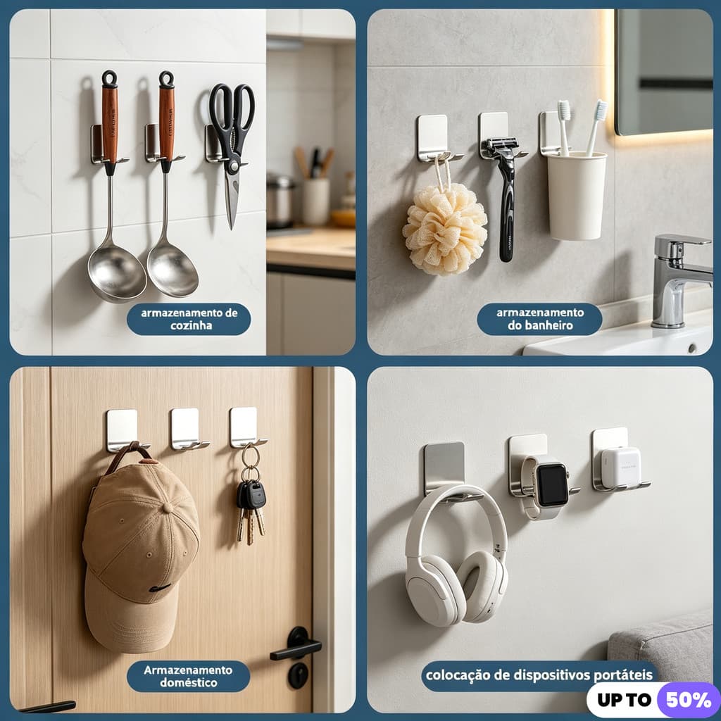 Suporte Autocolante Multiuso em Aço Inox | Sem Furos para Cozinha, Banheiro e Casa Fita 3M