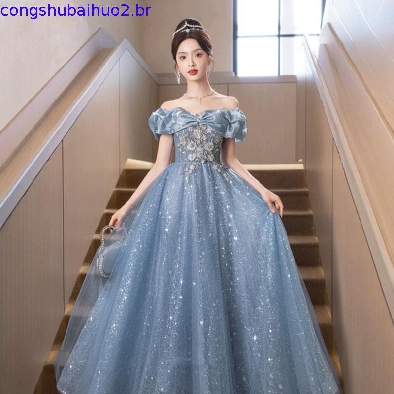 Vestido De Noite Azul Sem Ombros , Novo Modelo , Sofisticado , Luxuoso , Requintado , Luxo Leve , Nicho , Para Anfitrião