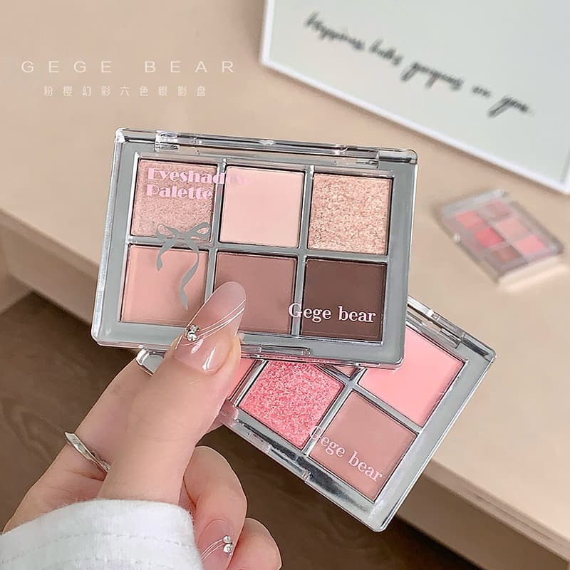 Paleta De Sombras Holográficas Gegebear Pink Sakura 6 Neutro Fosco E Brilhante
