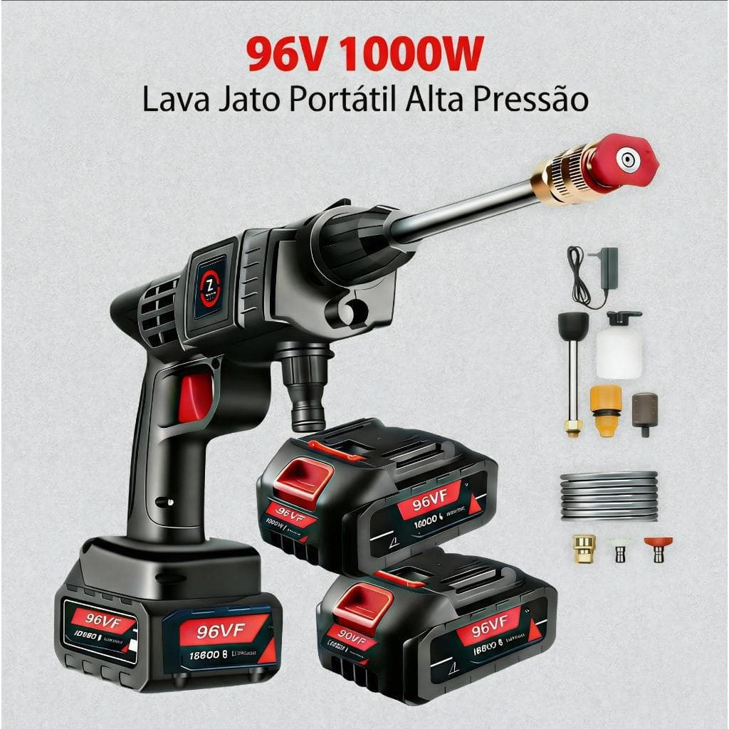 Lava Jato Alta Pressão 96V Lavadora Portátil Profissional 2 Baterias 1000W Carro Casa Jardim