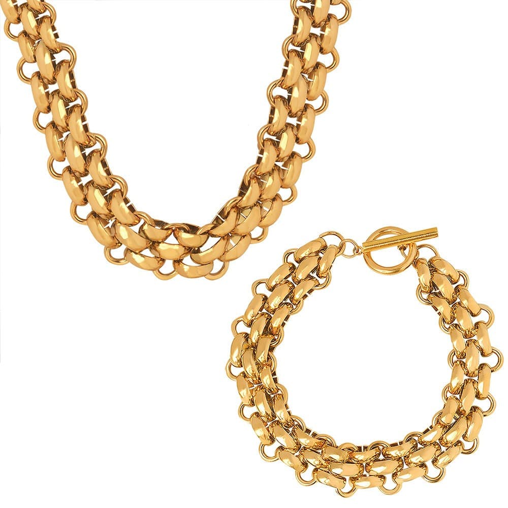 Colar de corrente grossa com fivela de anel + conjunto de pulseira banhada a ouro aço de titânio não desbotado unissex a