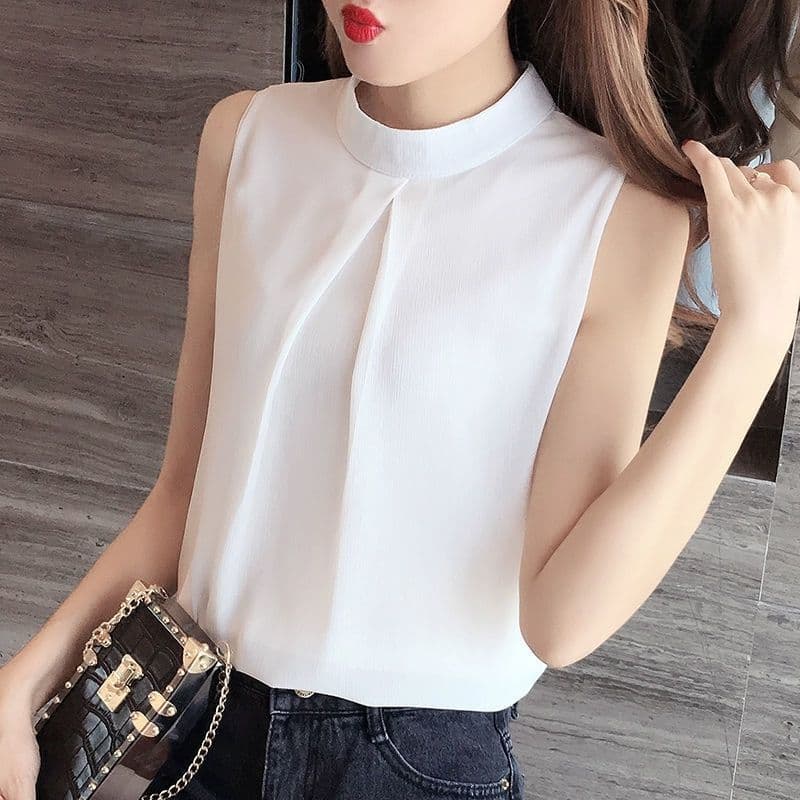 Camisa branca sem mangas feminina verão versão coreana Slim-fit OL profissional Commuter em torno do pescoço camisa de f