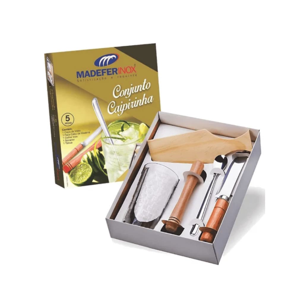 Kit de caipirinha conjunto completo com colher inox + copo vidro + tabua + socador madeira