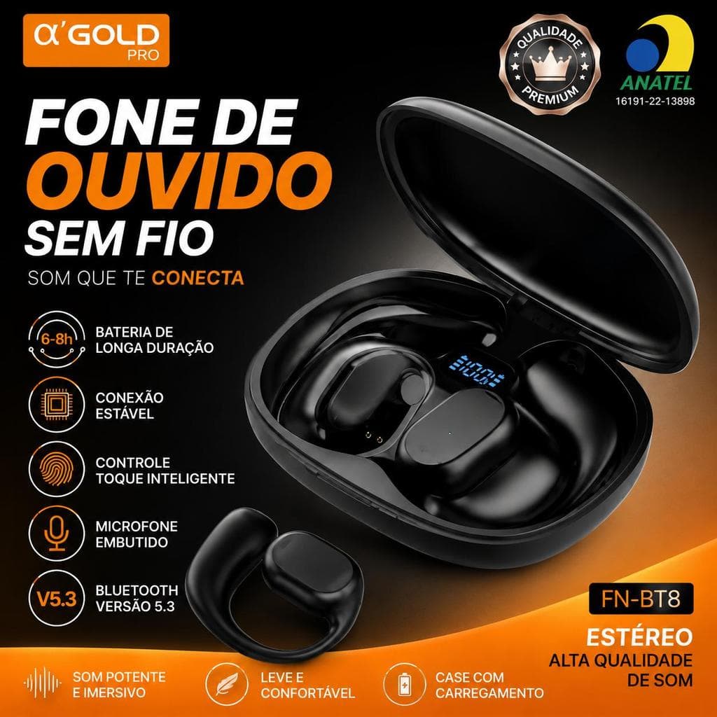 Fone Bluetooth Sem Fio α'Gold Pro Display LED Microfone HD Gancho Esportivo Bateria Longa Duração
