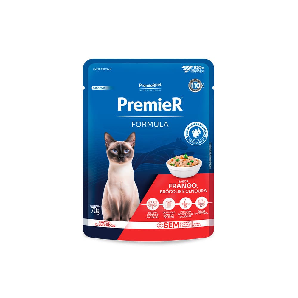 Ração Úmida Premier Fórmula Sachê Para Gatos Adultos Castrados Frango, Brócolis e Cenoura 70g