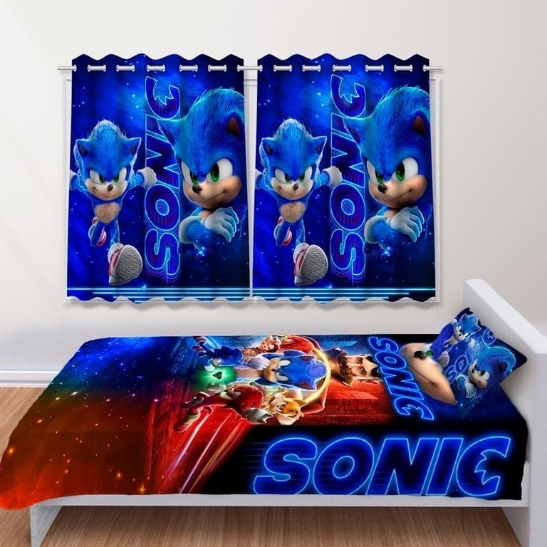 Kit Jogo de Quarto Infantil Cortina Jogo Lençol Cobre Leito Sonic Filme | Chega Rápido