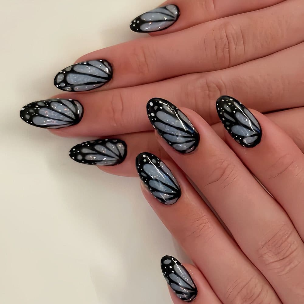 Unhas de comprimento médio, sensação de alta qualidade, borboleta preta, azul, Glitter, doce, legal, formato de amêndoa,