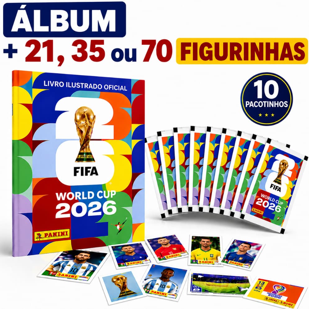 Álbum Copa Do Mundo FIFA 2026 Brochura + 70 Figurinhas 10 Pacotes Colecionáveis Originais