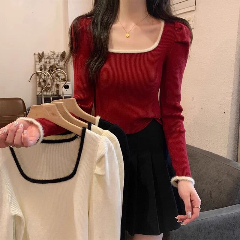 Pescoço quadrado de malha camisa de fundo feminino outono inverno novo estilo estilo francês mangas Puff moda High-End c