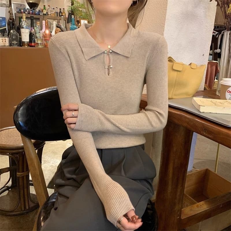 Outono inverno gola polo francesa magro-ajuste de manga comprida malhas internas Design feminino Base camisola chique ma
