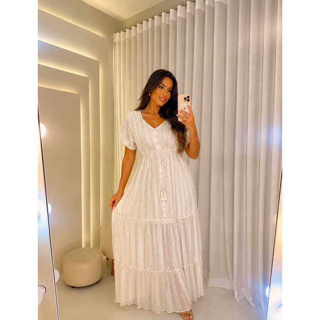 Vestido Longo Feminino Lurex Manga Curta Festa Inverno Elegante-#00651