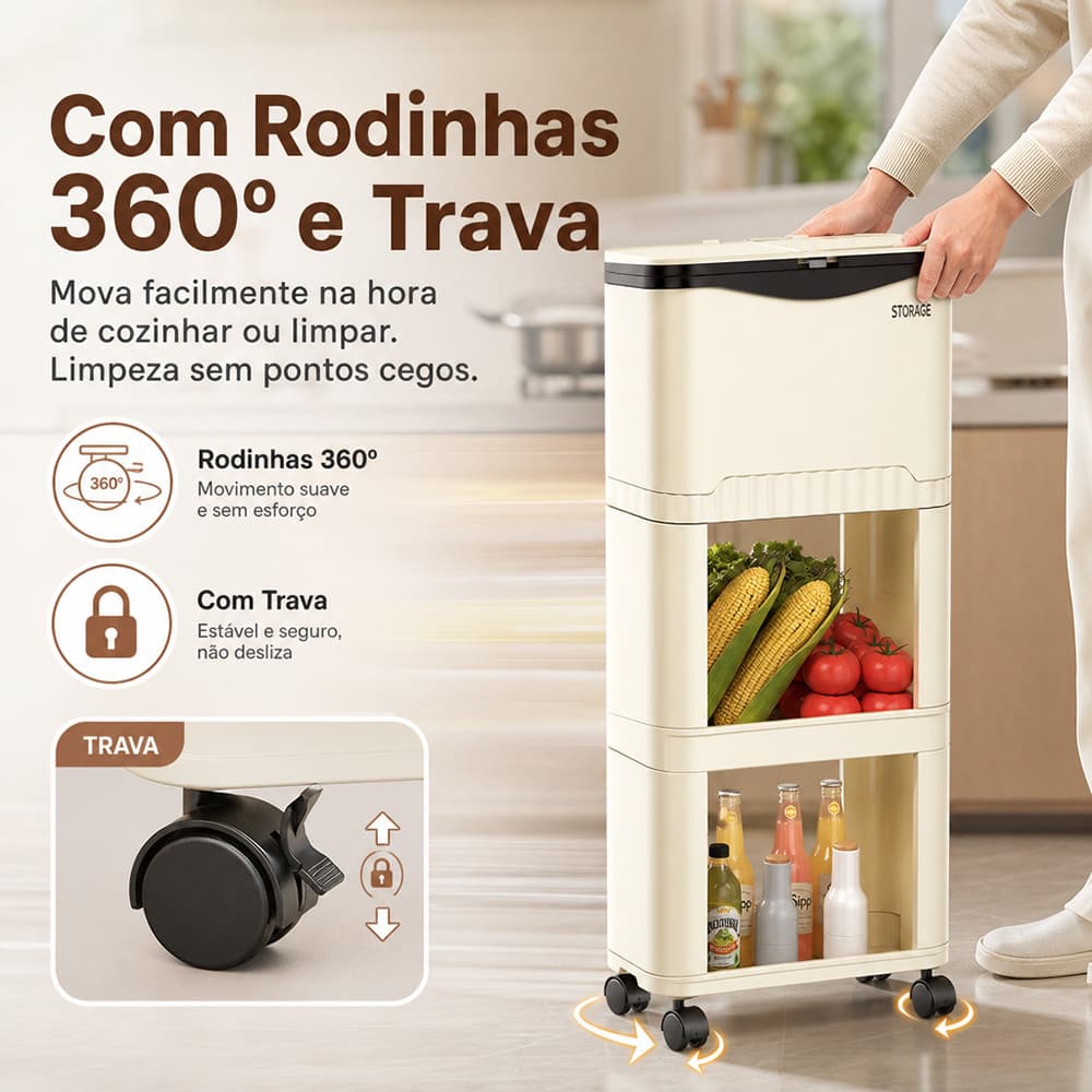 Carrinho Organizador Com Lixeira 3 Andares Multiuso Para Cozinha Com Rodinhas Tampa Antiodor Design Estreito Clean