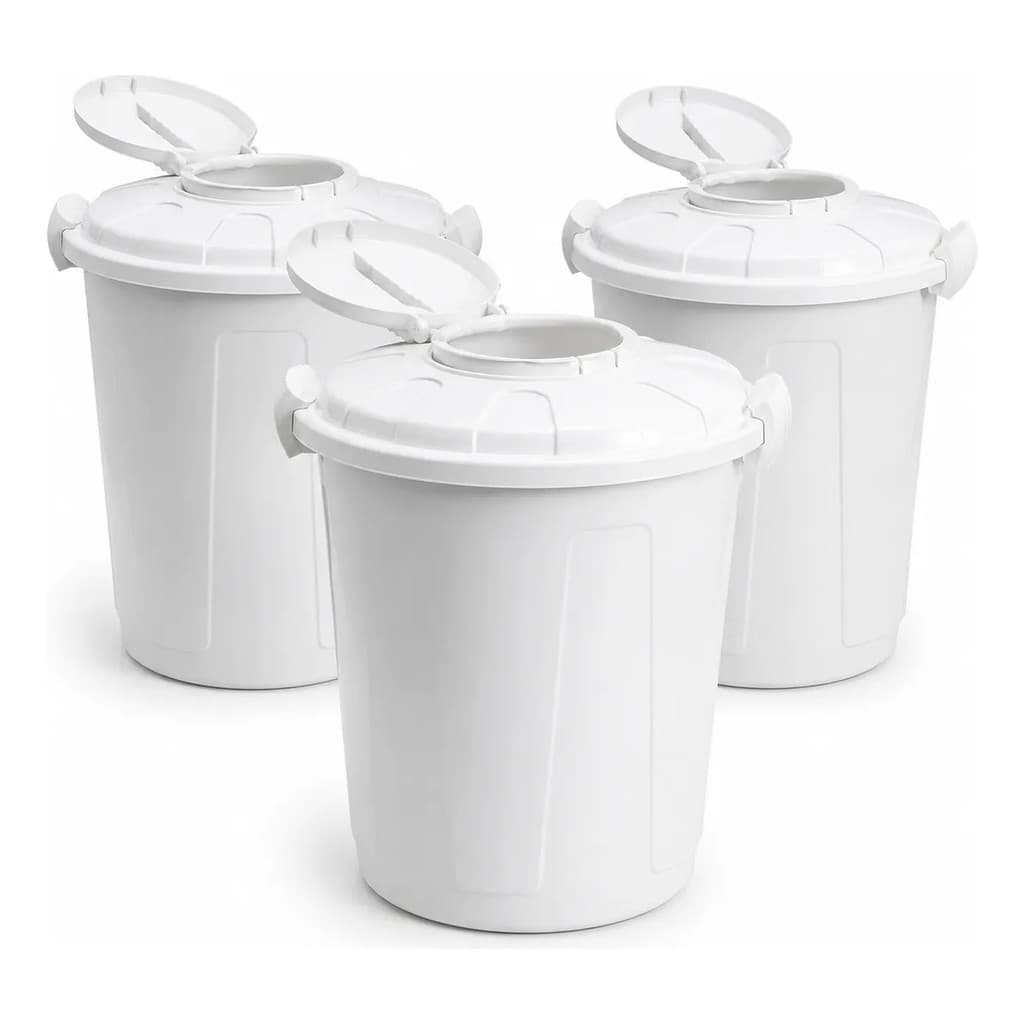 Kit 3 Lixeiras Brancas 60L Cesto Multiuso Grande com Tampa e Trava Cozinha Banheiro Área Serviço Escritório Lixo Casa