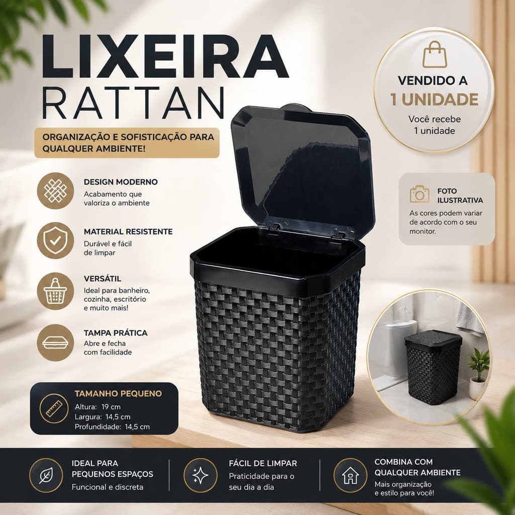 Lixeira DePia Rattan 5 Litros Preta Com Tampa Cozinha Banheiro Escritório Lixeira Pia Arqpalst