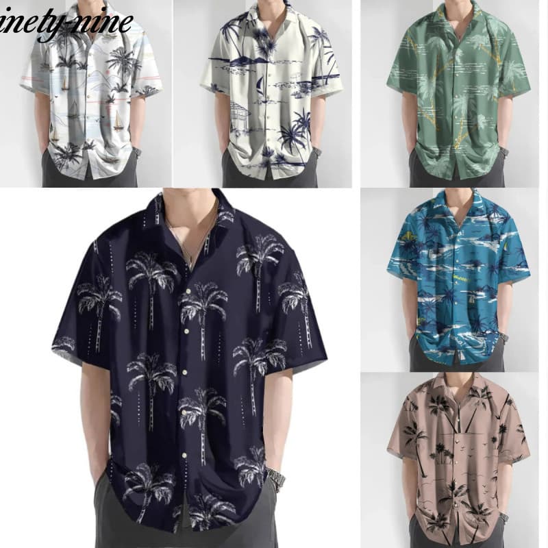 Camisa havaiana masculina, recém-chegada, estampa de coqueiros, manga curta, uso casual diário, corte solto, tamanho gra