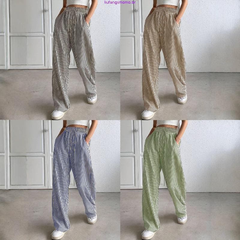 Calça Casual Listrada Feminina Perna Reta