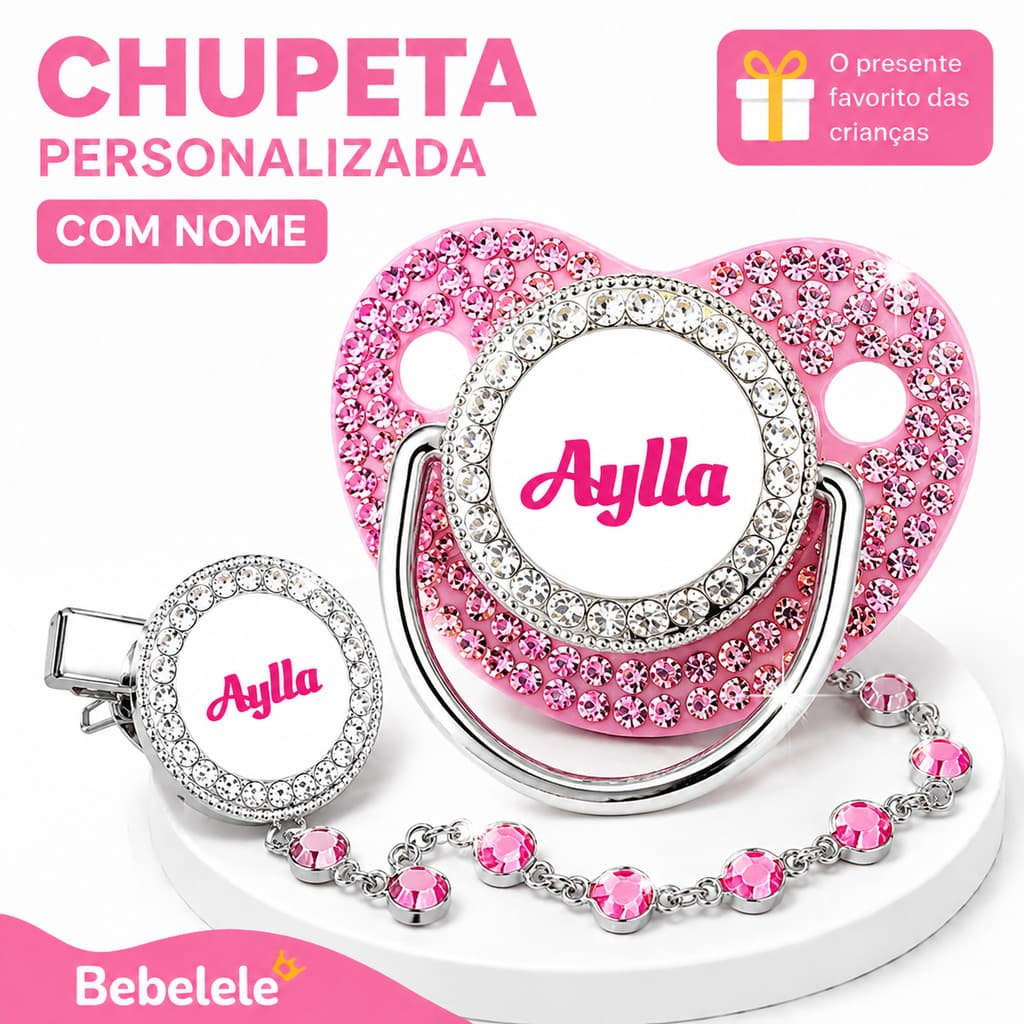 Chupeta Personalizada com Nome e Foto para Bebê Menina, Kit com Corrente de Coroa Brilhante e Clipe 1XQP