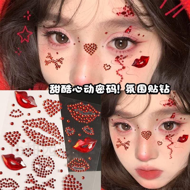 Adesivos labiais vermelhos diamante acessórios de maquiagem facial sem cola