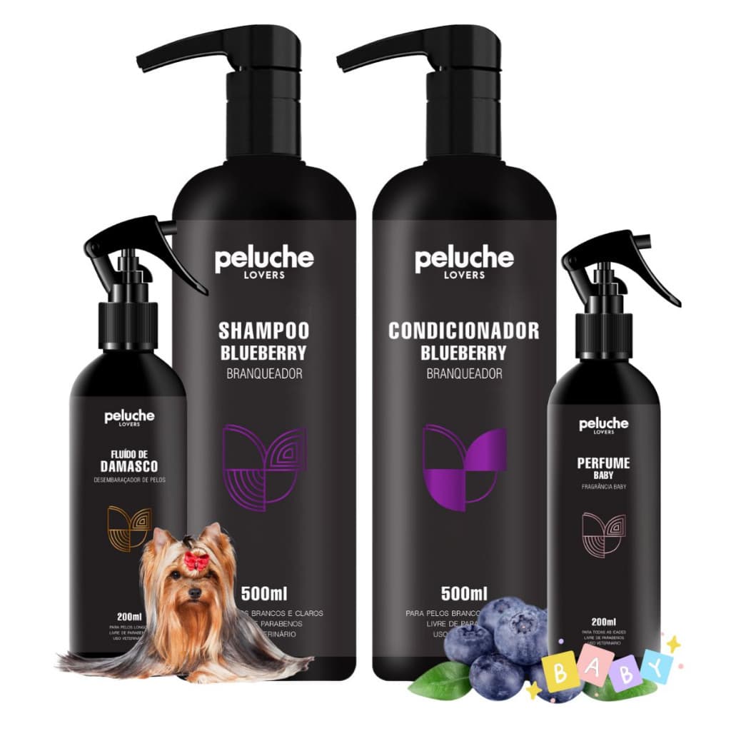Kit Banho Pet Blueberry Branqueador Perfume Baby Desembaraçador Peluche Para Cães Gatos Premium