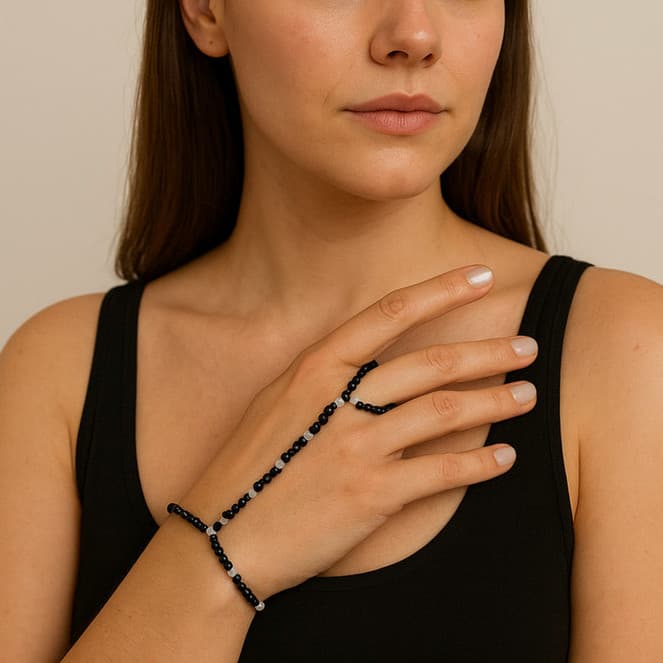 Bijuteria Corrente de Mão Ajustável , Pulseira de Anel, Anel de Dedo de Miçanga com Fio de Silicone