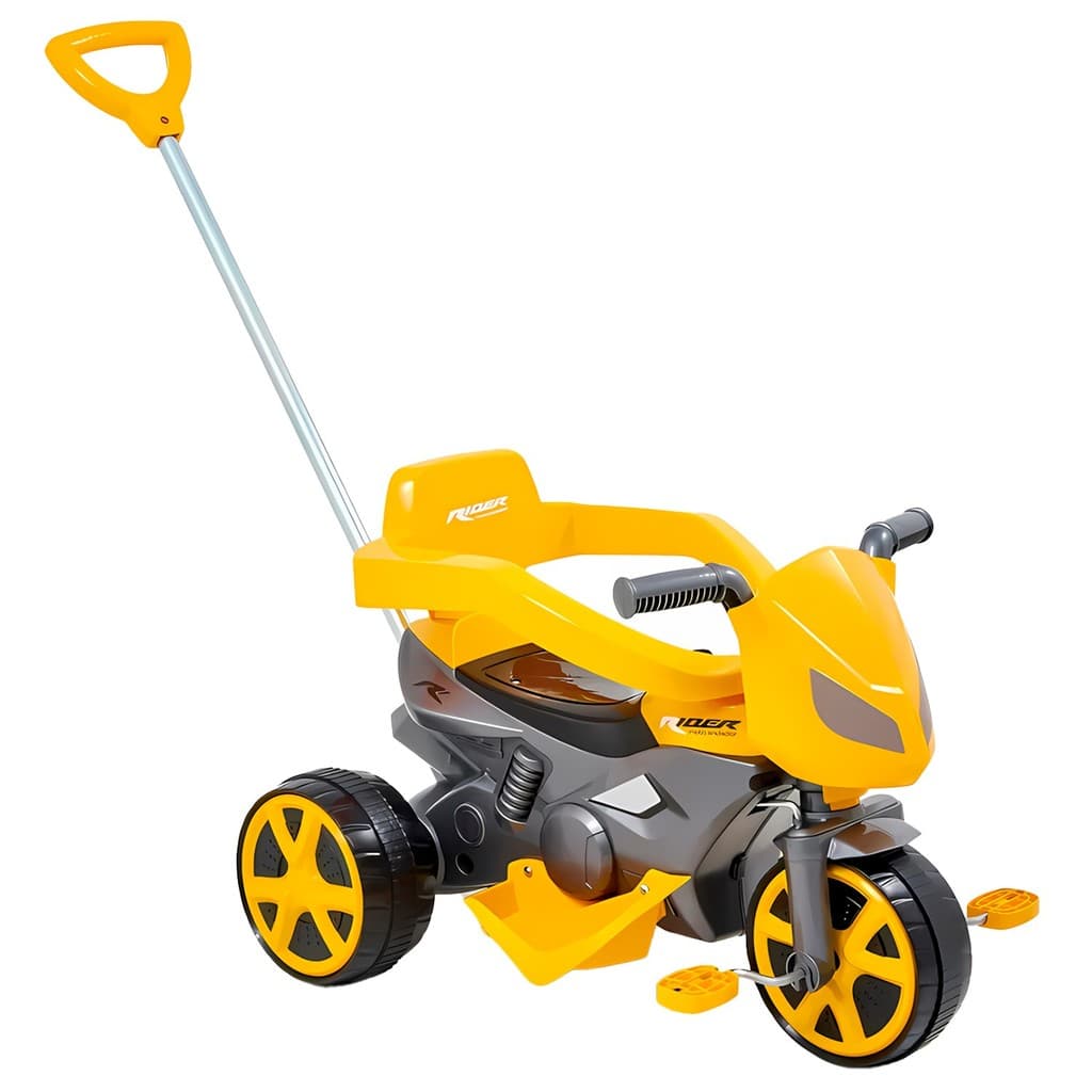 Triciclo Infantil Moto Rider Amarelo Com Haste Direcionável Pedal E Proteção – Usual Brinquedos