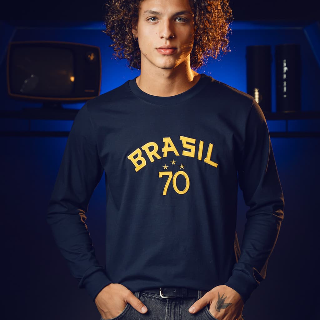 Camisa Brasil 1970 Retrô Manga Longa Masculina Oficial