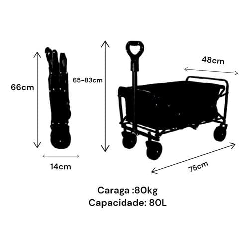 Carrinho Carga Dobrável Aço Compra Feira Até 80kg Camping
