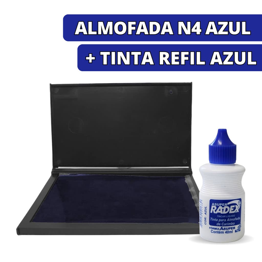 Kit Almofada Para Carimbo Carimbeira Grande Azul + Tinta Refil 40ml Secagem Rápida