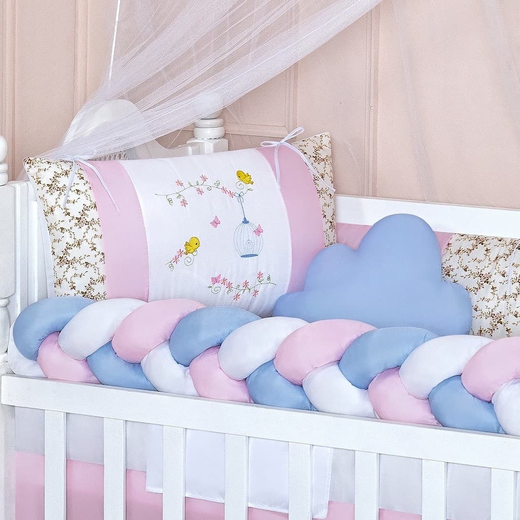 Kit Berço Enxoval Completo 11 Peças Com Trança Protetora Almofadas Mosquiteiro Quarto Infantil Conforto Decoração Bebê