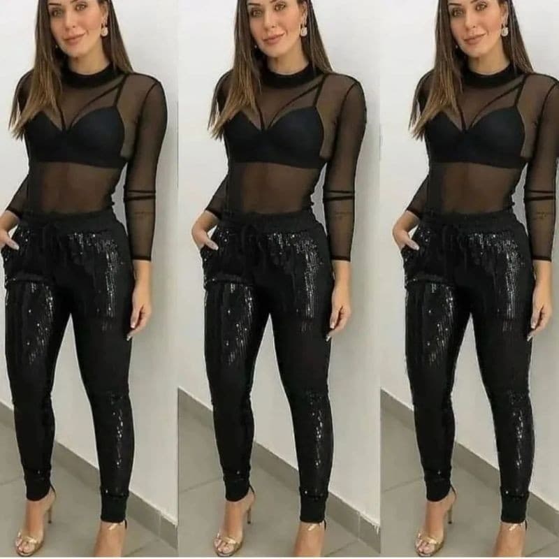 Conjunto Body Tule Cropped  e Calça Feminina Paete