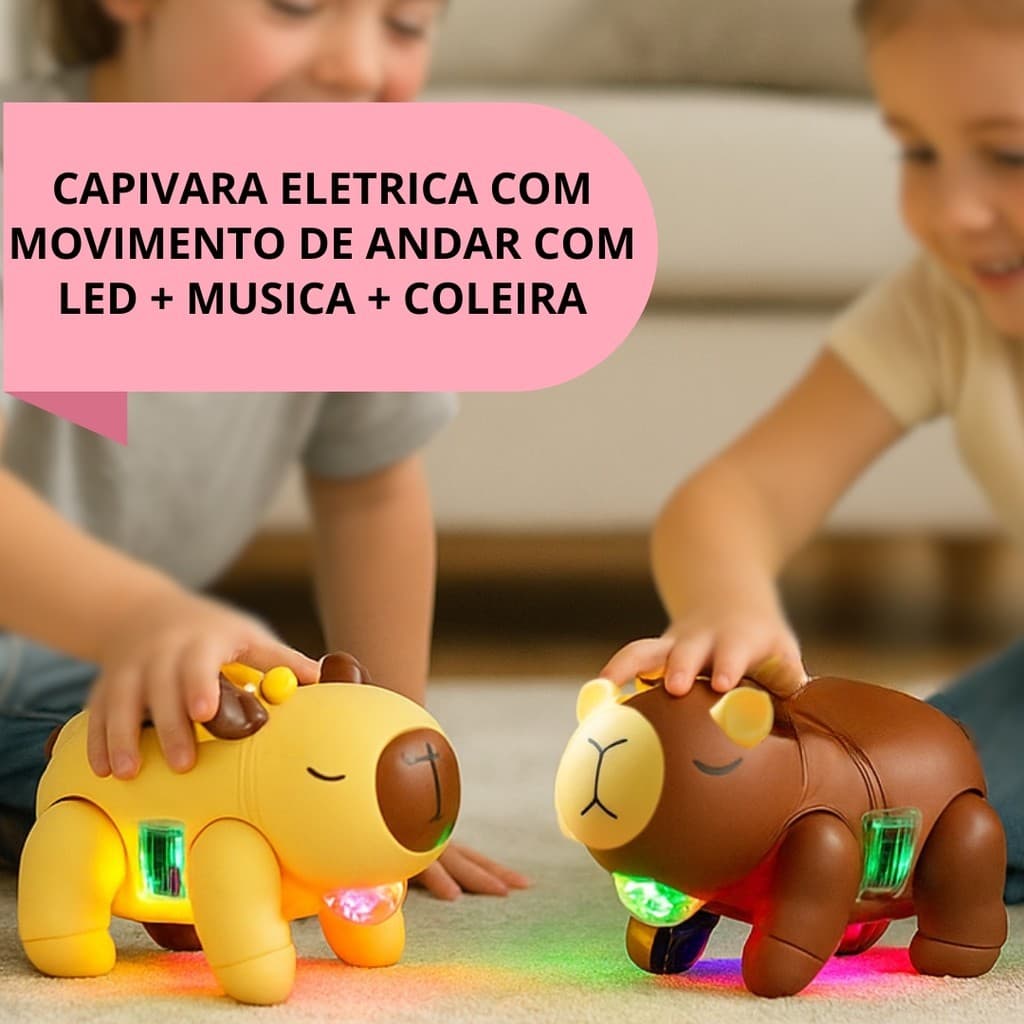 CAPIVARA DE BRINQUEDO INTERATIVA QUE ANDA SOZINHA COM LED, MÚSICA E COLEIRA