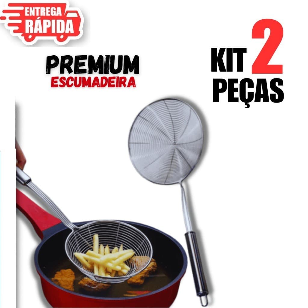 2 Escumadeira Para Fritura em Aço Inox De Pastel Batata Salgado Peneira Resistente Para Cozinha 19CM