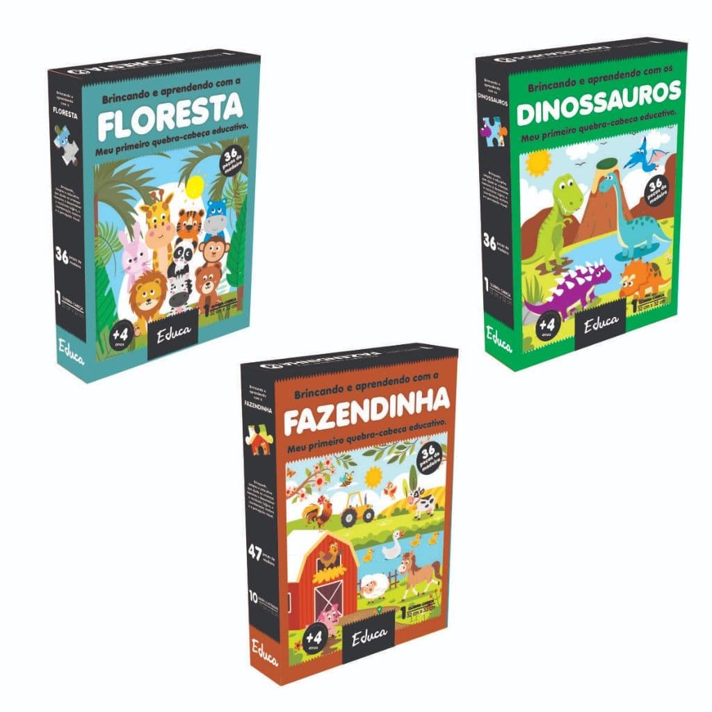 Kit 3 Quebra-Cabeças Dinossauros + Fazendinha + Animais Educativos pedagógicos madeira(36 pçs cada)