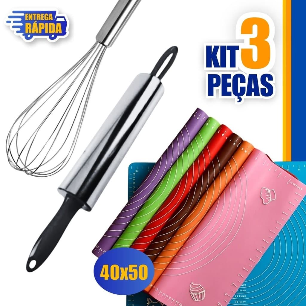 3 Utensilios Confeitaria 40X50, Rolo de Massa De Batedor Fue 23 Cm de Ovos Inox Tapete Culinário De Silicone