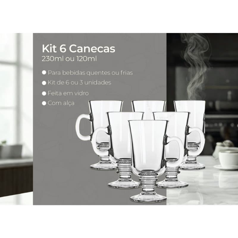 Jogo 6 Peças Canecas Capuccino Nespresso Em Vidro Irish Coffee 250ml