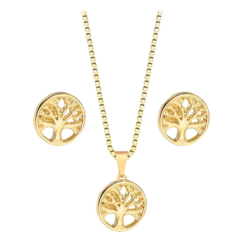 Conjunto Colar Brinco Arvore Da Vida Banhado A Ouro 18k