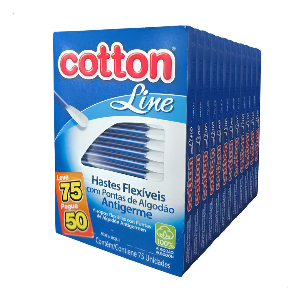 Hastes Flexiveis Cotonete Cottonline Azul e Branco 12 Caixas C/75 Unidades 900 Cotonetes no Total