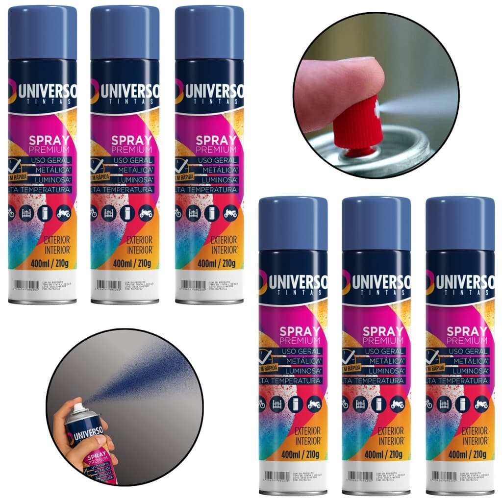 Kit 6 Tintas Spray 400ml Azul Escuro Uso Geral Universo Tinta para Pintura de Aço Ferro Couro Gesso e Cerâmica