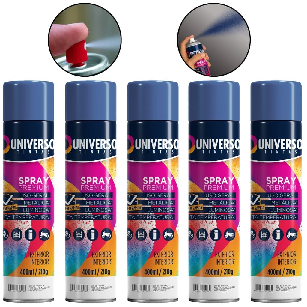 Kit 5 Tintas Spray 400ml Azul Escuro Uso Geral Universo Tinta para Pintura de Aço Ferro Couro Gesso e Cerâmica