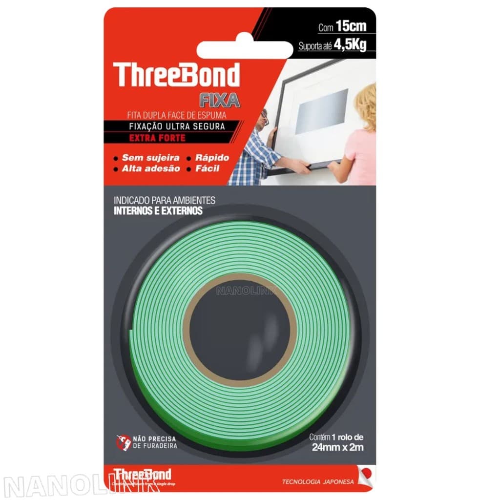 Fita Dupla Face Extra Forte Espuma 24mm x 2 Metros Alta adesão Three Bond