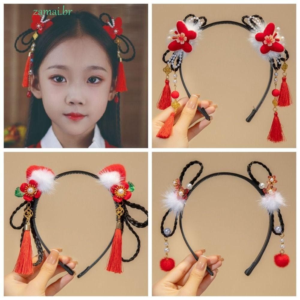 ZAMAI Hanfu Peruca Bandana , Estilo Chinês Antigo Flor Borla Pérola Bonito Vermelho Ano Novo Headwear