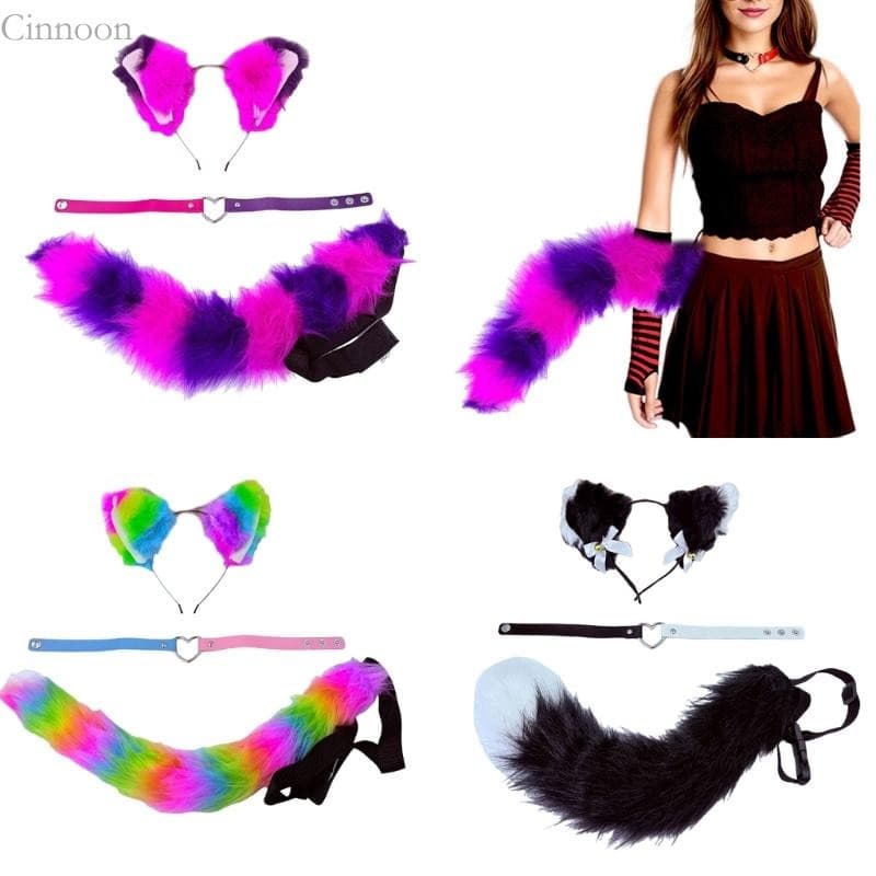 CINN Gatos Orelha Raposas Cauda Orelhas Bandana Gargantilha Halloween Cosplay Traje