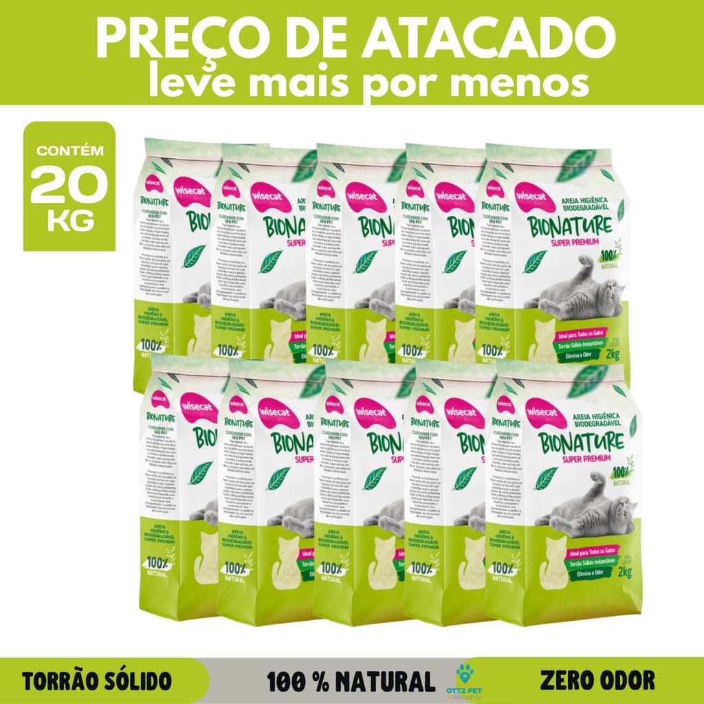 Areia para Gato 20kg Biodegradável Mandioca Wisecat Bionature
