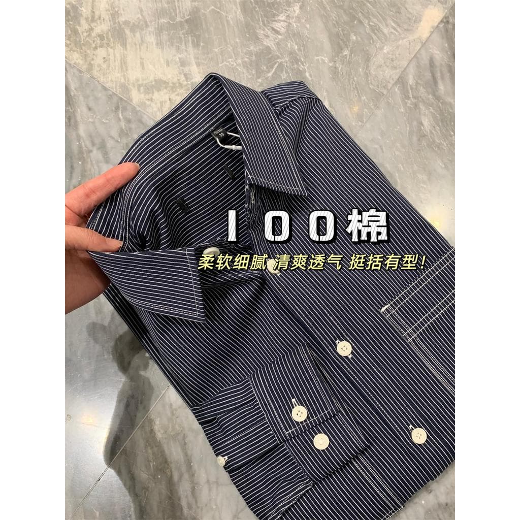 Série H!100 Algodão!Camisa listrada retrô japonesa masculina de manga comprida solta com bolso duplo jaqueta de carga na