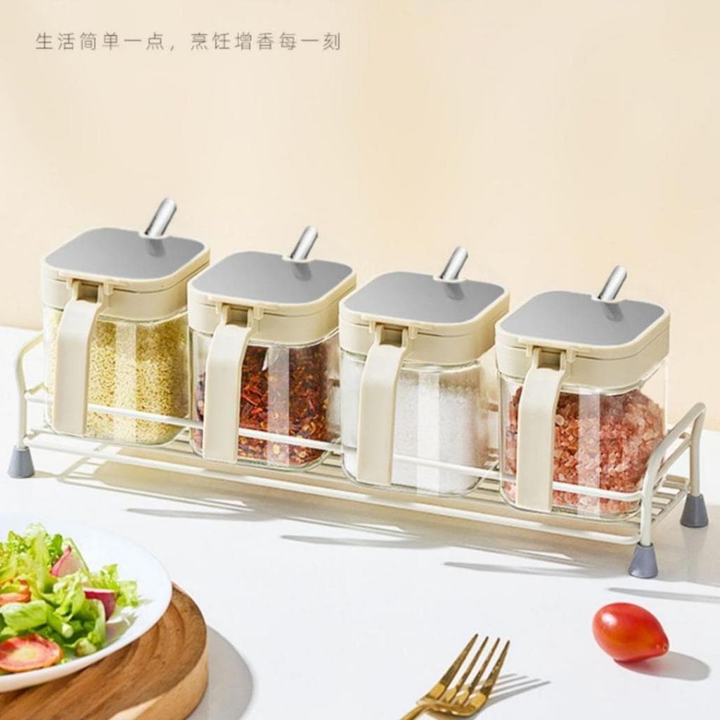 Caixa de tempero de vidro quadrado cozinha tempero jar prateleira conjunto sal MSG jar lidar com tempero garrafa creme b