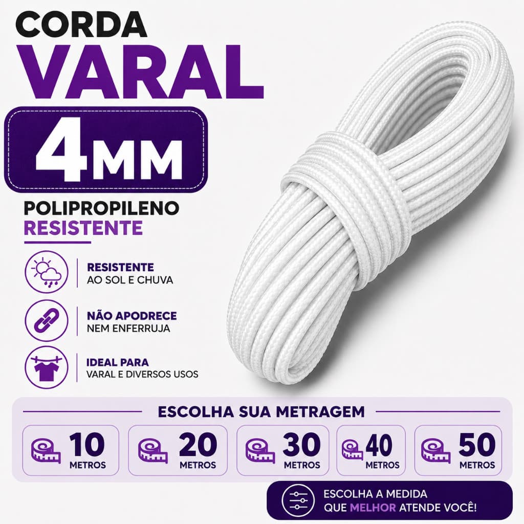 Corda Polipropileno 4mm 5 Metros Branca Resistente Para Varal Camping e Amarrações